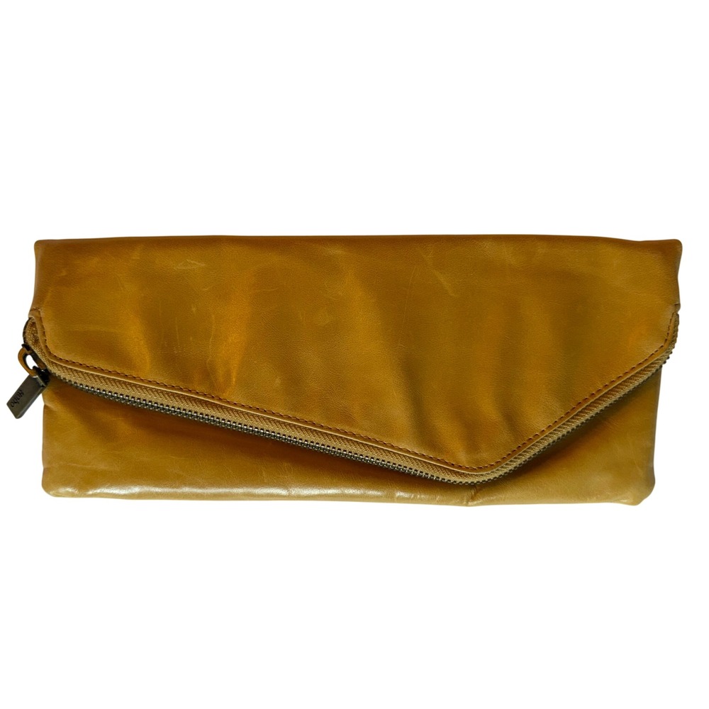 Hobo Effi Clutch Leather Foldover Tan Yellow Leather Zip Envelope Asymmetrical